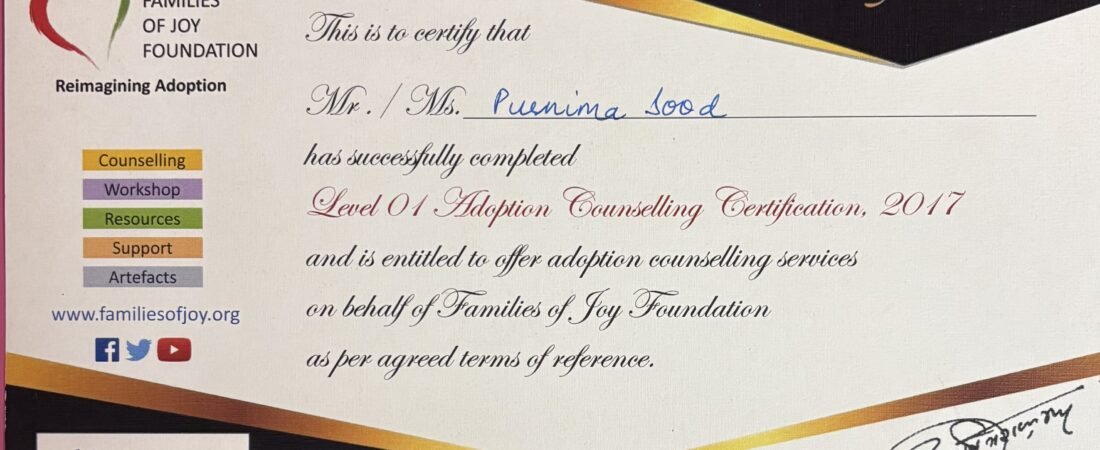 Adoption Counselling Certification – Families of Joy Foundation 2017
